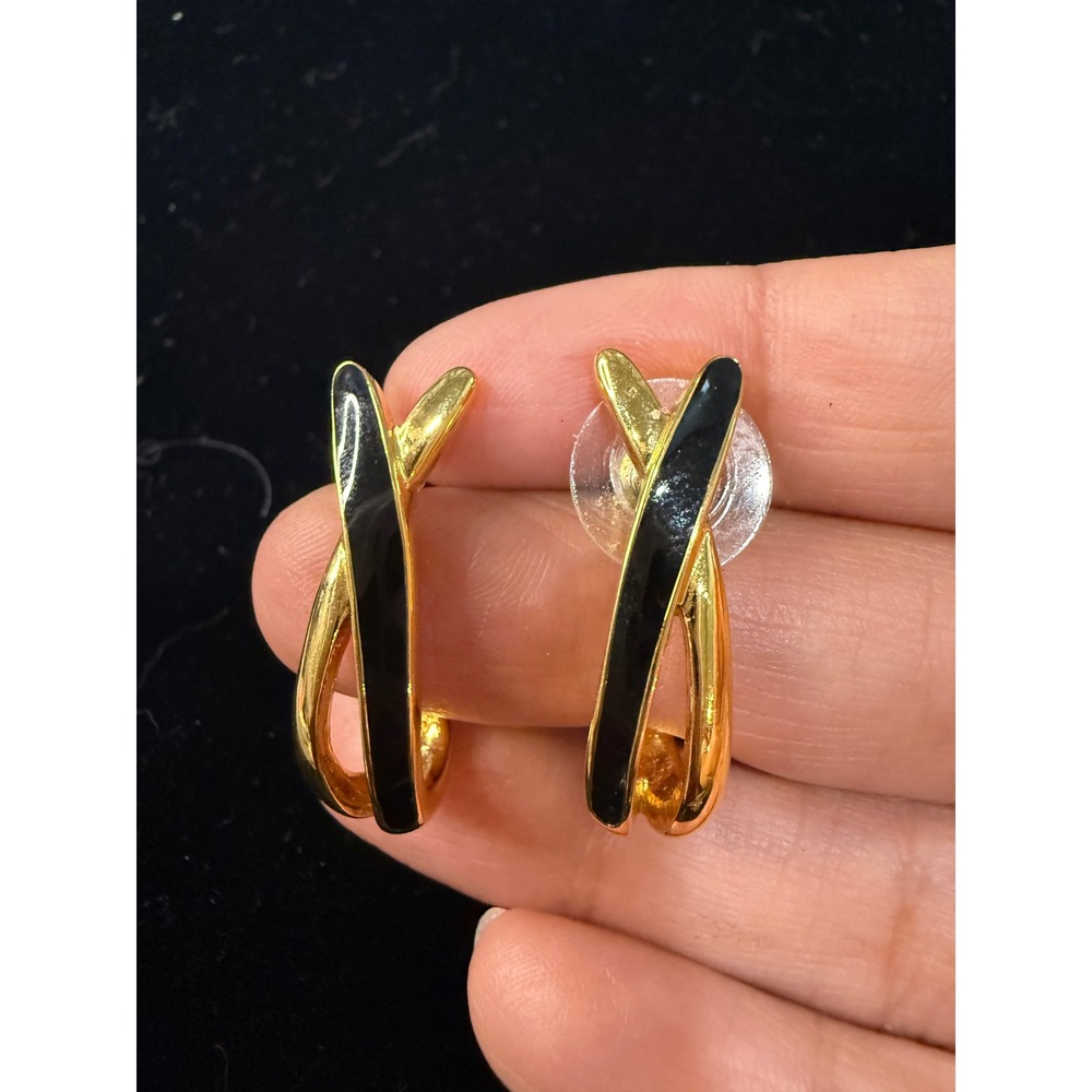 Vintage Trifari Gold Tone Black Enamel Crisscross X Post Earrings Modernist